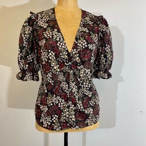 JOIE blouse, red and black Floral Puff Sleeve, size M
